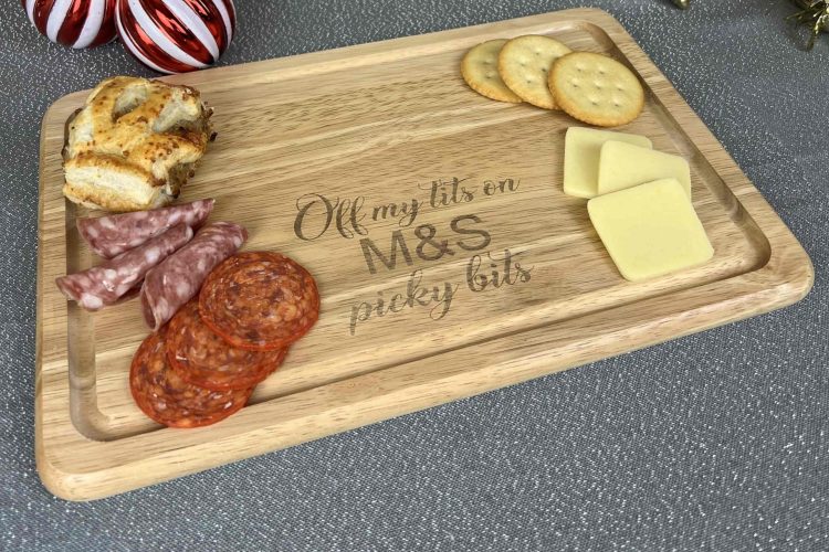 m & S off my tits on picky bits Laser engraved rubberwood chopping board with picky bits slogan